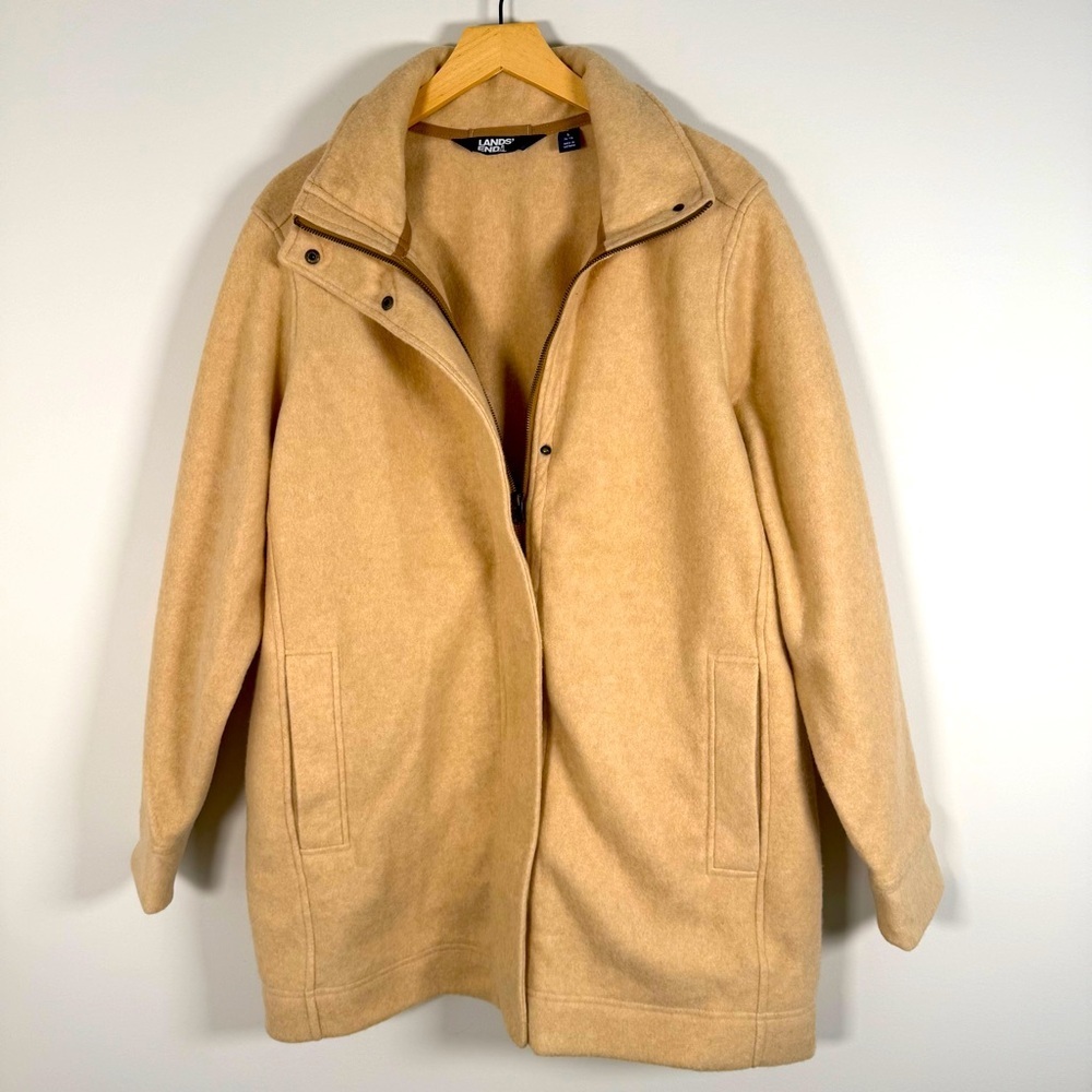 Lands' End Zip Up Super Soft Fuzzy Longline Trench Coat Winter Jacket Tan Large